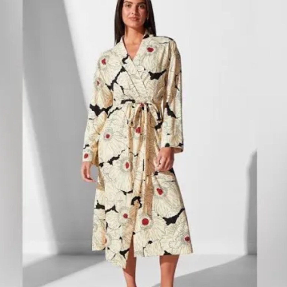 Noli Intimates Cream Bell Sleeve Poppy Print Tie Waist Robe with Pockets Slits L - Picture 1 of 7